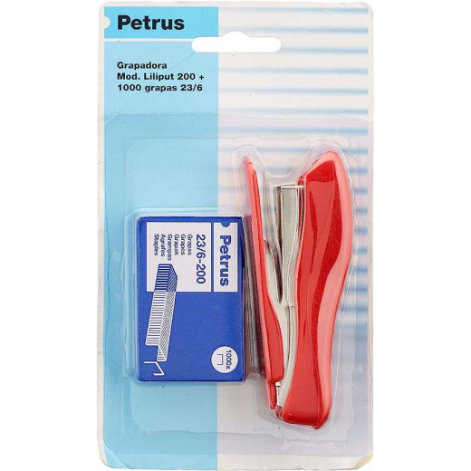 Petrus 200 Liliput Grapadora + 1 Caja grapas 23/6-200 - Hasta 12 Hojas - Grapas 23/6 - Grapado Cerrado y Clavado - Colores Surtidos