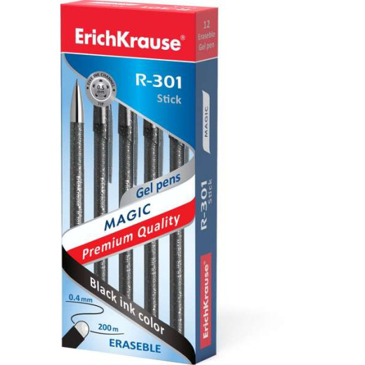 Erichkrause Boligrafo de Gel Borrable R-301 Magic Gel 05 - Cuerpo Redondo Teñido y Semitransparente - Tinta de Gel de Secado Rapido - Color Negro