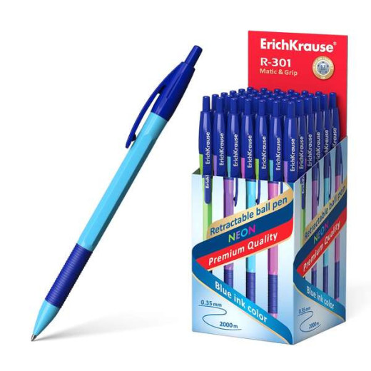 Erichkrause R-301 Neon Matic&Grip Boligrafo Retractil - Punta de 0.7mm - Trazo 0.35mm aprox. - Tinta de Secado Rapido - Cuerpo Hexagonal en Colores Surtidos - Color Azul