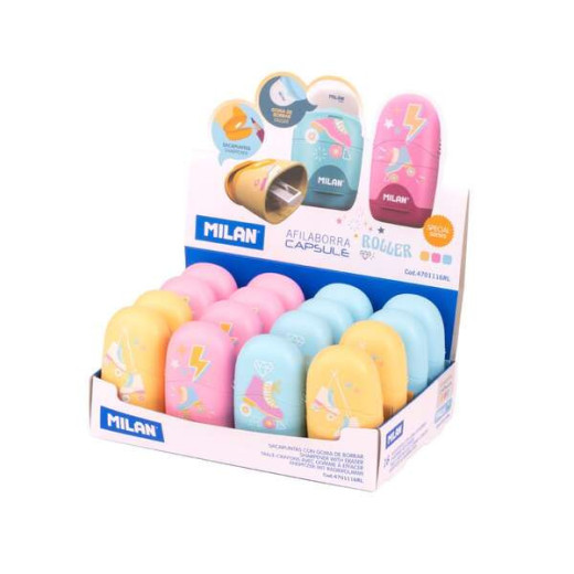 Milan Capsule Roller Expositor de 16 Afilaborras Capsule con Goma de Borrar - Cuchilla de Seguridad - Colores Azul