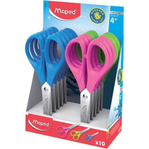 Maped Essentials Zurdos Tijera Escolar Punta Redonda 13cm - Hojas de Acero Inoxidable - Mango de Plastico Simetrico - Colores Surtidos