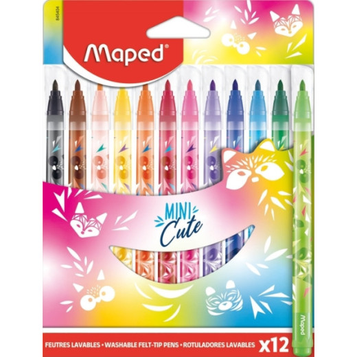 Maped Jungle Mini Cute Pack de 12 Rotuladores con Punta Media Bloqueada 2.8mm - Tinta Lavable - Colores Surtidos