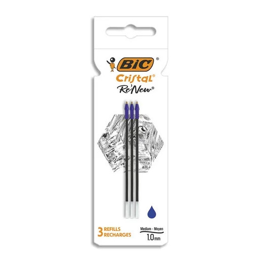 Bic Pack de 3 Recambios para Boligrafo Cristal Re´new - Punta Media de 1.0mm - Tinta con Base de Aceite - Color Azul