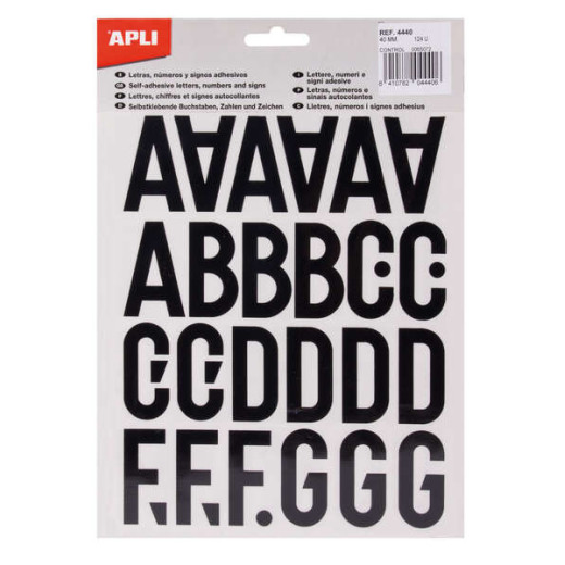 Apli Letras de Palo Mayusculas Adhesivas - Altura 40mm - Pack de 5 Hojas - Color Negro - Facil Identificacion y Señalizacion