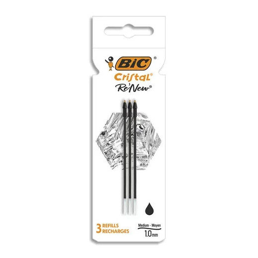 Bic Pack de 3 Recambios para Boligrafo Cristal Re´new - Punta Media de 1.0mm - Tinta con Base de Aceite - Color Negro