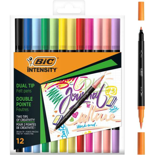 Bic Intensity Dual Tip Pack de 12 Rotuladores Doble Punta - Punta de Pincel + Punta Fina - Tinta con Base de Agua - Colores Clasicos y Pastel Surtidos