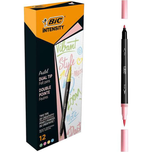 Bic Intensity Dual Tip Pastel Rotulador Doble Punta - Punta de Pincel + Punta Fina - Tinta con Base de Agua - Colores Pastel Surtidos