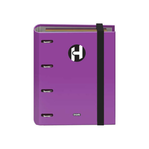 Dohe Serie Icon Carpeta de 4 Anillas Formato A5 con Recambio de 100 Hojas de 90 gr y 4 Taladros - Cierre con Goma Elastica - Anillas de 25mm - Color Morado