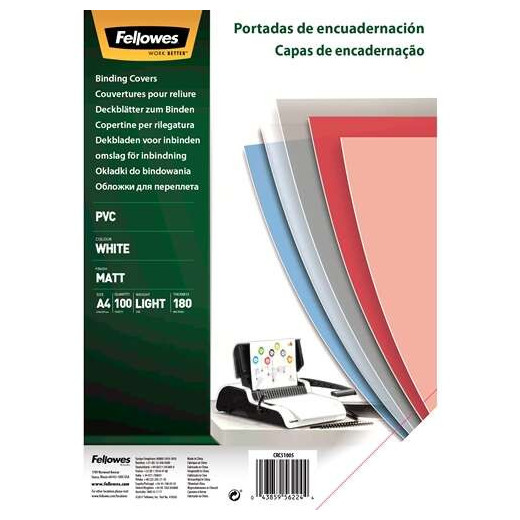Fellowes Pack de 100 Portadas para Encuadernar de PVC A4 - 180 Micras - Alta Calidad - Color Blanco