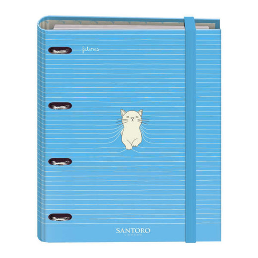 Dohe Santoro Felines Carpeta de 4 Anillas Formato A4 con Recambio de 100 Hojas - 4 Separadores de Colores - Cierre con Goma Elastica - Anillas de 35mm