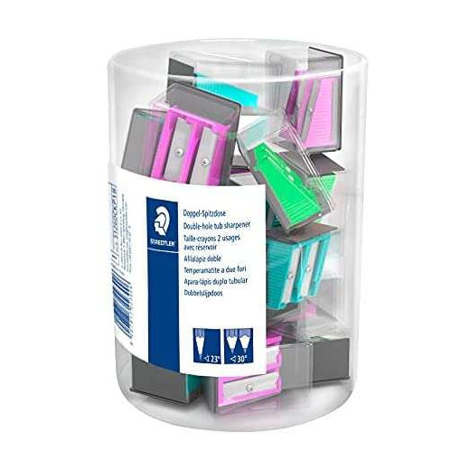 Staedtler Expositor con 18 Sacapuntas de Plastico - 2 Agujeros - Angulo de Afilado 23° y 30° - Colores Surtidos