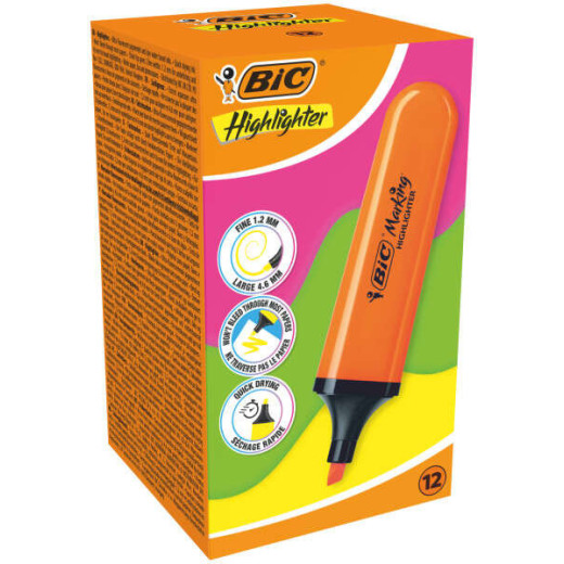 Bic Marking Highlighter Flat Marcador Fluorescente - Punta Biselada - Trazo entre 1.70 y 4.80 mm - Tinta con Base de Agua - Color Naranja