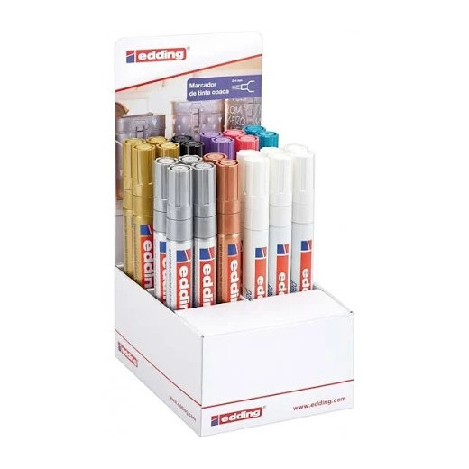 Edding 750 Expositor de 24 Rotuladores Permanentes - Punta Redonda - Trazo entre 2 y 4mm - Tinta Opaca - Secado Rapido - Colores Surtidos