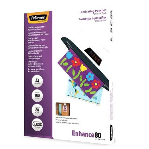 Fellowes Pack de 100 Fundas Autoadhesivas para Plastificar Brillo A4 - 80 Micras - Alta Calidad - Transparente