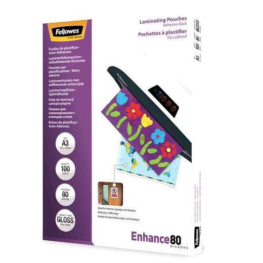 Fellowes Pack de 100 Fundas AutoAdhesivas para Plastificar Brillo A3 - 80 Micras - Alta Calidad - Transparente