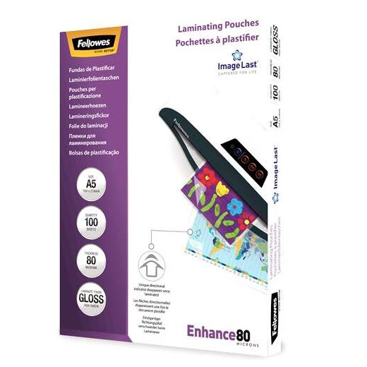 Fellowes Pack de 100 Fundas para Plastificar Brillo A5 - 80 Micras - Alta Calidad - Transparente