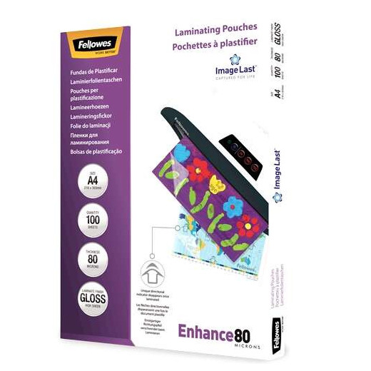 Fellowes Pack de 100 Fundas para Plastificar Brillo A4 - 80 Micras - Alta Calidad - Transparente