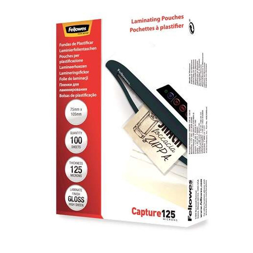 Fellowes Pack de 100 Fundas para Plastificar Brillo para Tarjetas 75 x 105mm - 125 Micras - Alta Calidad - Transparente