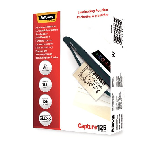 Fellowes Pack de 100 Fundas de Plastificar de 125 Micras - Tamaño A6 - Flechas Indicadoras de uso - Acabado en Brillo