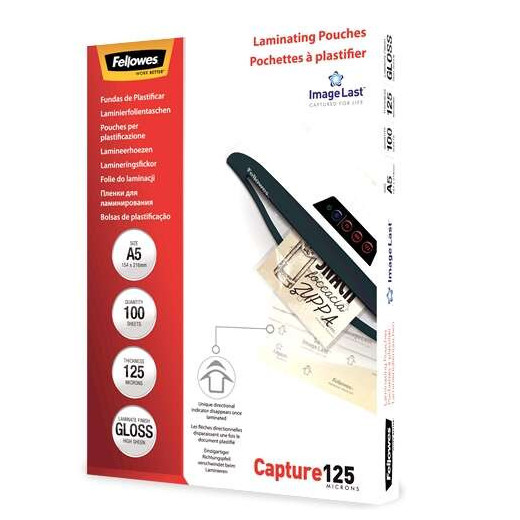 Fellowes Pack de 100 Fundas para Plastificar Brillo A5 - 125 Micras - Alta Calidad - Transparente