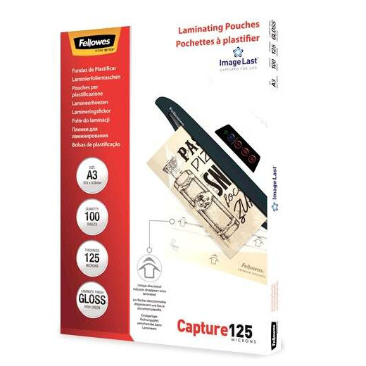 Fellowes Pack de 100 Fundas para Plastificar Brillo A3 - 125 Micras - Alta Calidad - Transparente