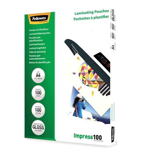 Fellowes Pack de 100 Fundas para Plastificar Brillo A4 - 100 Micras - Alta Calidad - Transparente