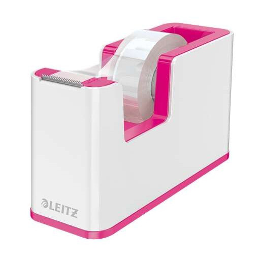 Leitz WOW Dispensador de Cinta Adhesiva - Para Rollos de hasta 19mm x 33m - Incluye Cinta Autoadhesiva Escribible - Color Blanco/Rosa