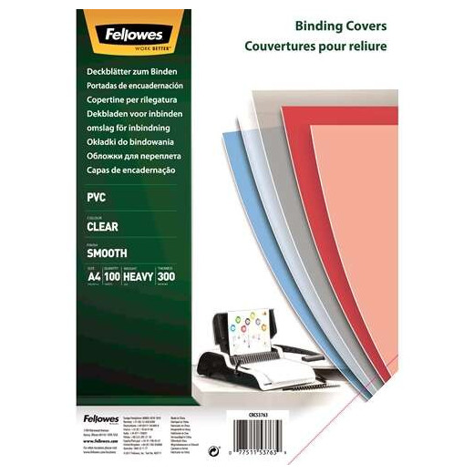 Fellowes Pack de 100 Portadas para Encuadernar de PVC A4 - 300 Micras - Muy Resistentes - Transparente