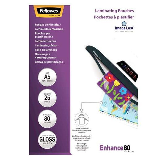 Fellowes Pack de 25 Fundas para Plastificar Brillo A5 - 80 Micras - Alta Calidad - Transparente