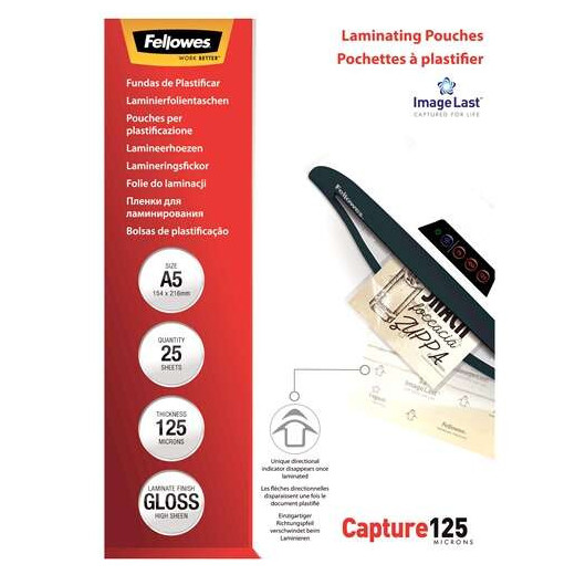 Fellowes Pack de 25 Fundas para Plastificar Brillo A5 - 125 Micras - Alta Calidad - Transparente
