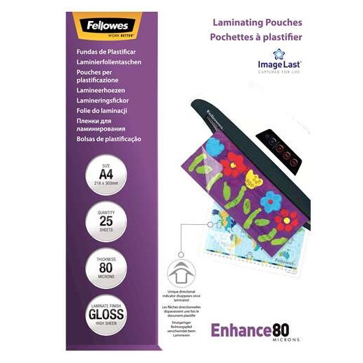 Fellowes Pack de 25 Fundas para Plastificar Brillo A4 - 80 Micras - Alta Calidad - Transparente