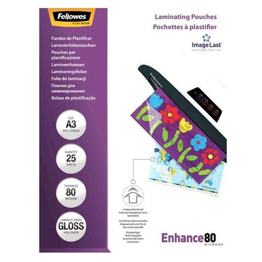 Fellowes Pack de 25 Fundas para Plastificar Brillo A3 - 80 Micras - Alta Calidad - Transparente