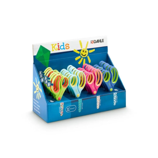 Dahle 54683 Kids Expositor de 24 Tijeras Infantiles 13cm - Puntas Redondeadas - Acero Inoxidable - Mangos Ergonomicos Recubiertos de Goma - Colores Surtidos