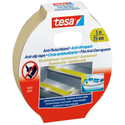 Tesa Anti-Slip Tape Cinta Antideslizante Adhesiva Fluorescente 5mx25mm - Fuerte Adhesion - Se Puede Cortar a Mano - Color Amarillo Fluorescente