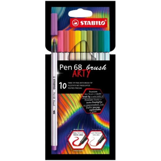 Stabilo Pen 68 Brush Arty Pack de 10 Rotuladores - Punta de Pincel - Tinta a Base de Agua - Colores Surtidos