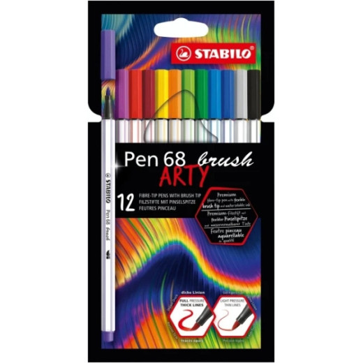 Stabilo Pen 68 Brush Arty Pack de 12 Rotuladores - Punta de Pincel - Tinta a Base de Agua - Colores Surtidos