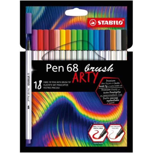 Stabilo Pen 68 Brush Arty Pack de 18 Rotuladores - Punta de Pincel - Tinta a Base de Agua - Colores Surtidos