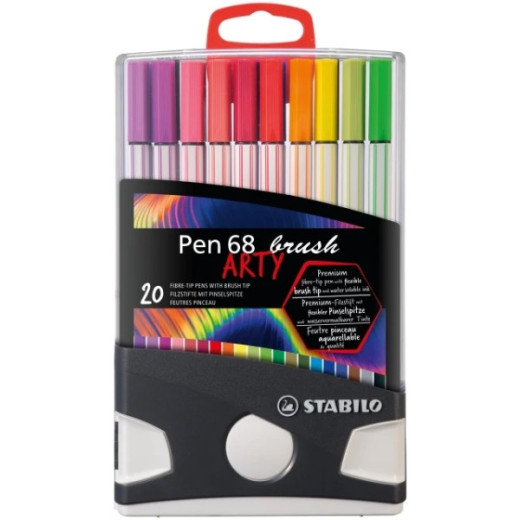 Stabilo Pen 68 Brush Arty Caja de Plastico Rigida con 30 Rotuladores - Punta de Pincel - Tinta a Base de Agua - Colores Surtidos