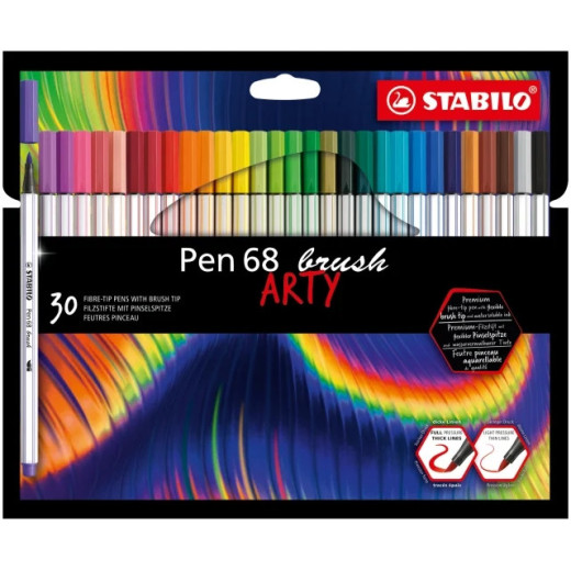 Stabilo Pen 68 Brush Arty Pack de 30 Rotuladores - Punta de Pincel - Tinta a Base de Agua - Colores Surtidos
