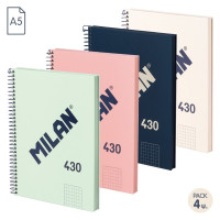 Milan Serie 1918 Pack de 4 Cuadernos Espiral Formato A5 Cuadricula 5x5mm - 80 Hojas de 95 gr/m2 - Microperforado