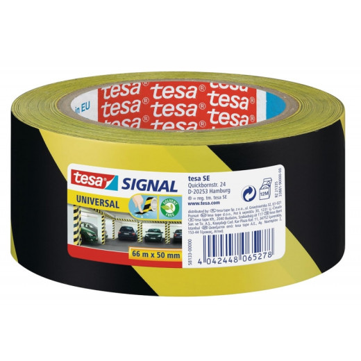 Tesa Cinta Adhesiva de Señalizacion 50mm x 66m - Ideal para Señalizar Obstaculos Permanentes - Adhesivo sin Disolventes - Color Amarillo/Negro