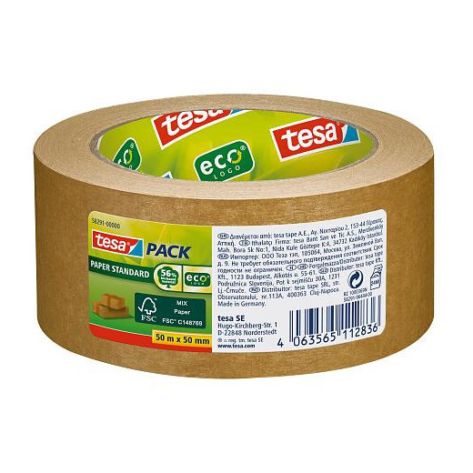Tesa Tesapack Paper Standard Cinta Adhesiva de Papel 50mmx50m - Hecho con 56% de Materiales Biodegradables - Papel Procedente de Bosques Certificados FSCTM - Color Marron