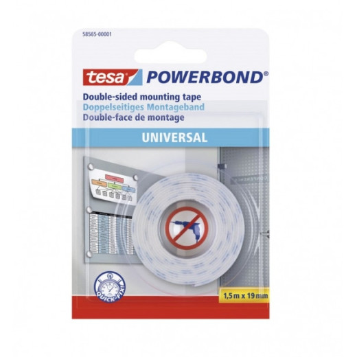 Tesa Powerbond Cinta Adhesiva Doble Cara 19mm x 1.5 Metros - Para Fijacion Segura y Rapida de Objetos Planos y Ligeros - Color Blanco