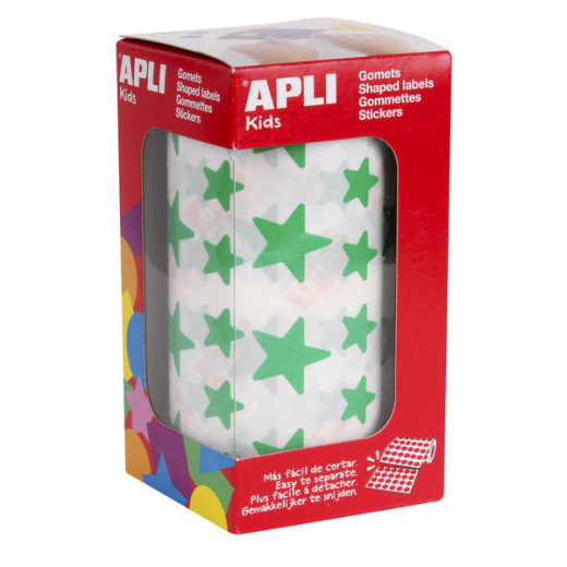 Apli Gomets Estrella Verde - 12.5mm y 19.5mm - Adhesivo Permanente - 2360 Gomets por Rollo - Ideal para Escuelas y Talleres Infantiles