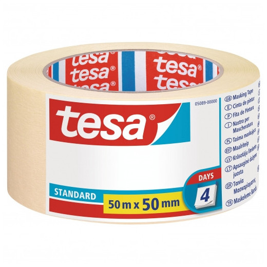 Tesa Standard Cinta de Pintor 50mm x 50m - Fabricada en Papel - Libre de Disolventes - No deja Residuos