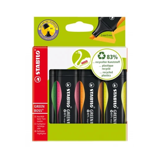 Stabilo Green Boss Pack de 4 Marcadores Fluorescentes - Fabricado con un 83% de Plastico Reciclado - Trazo entre 2 y 5mm - Recargable - Colores Surtidos