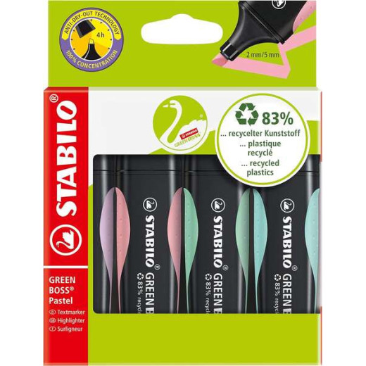 Stabilo Green Boss Pastel Pack de 4 Marcadores Fluorescentes - Fabricado con un 83% de Plastico Reciclado - Trazo entre 2 y 5mm - Recargable - Colores Surtidos Pastel