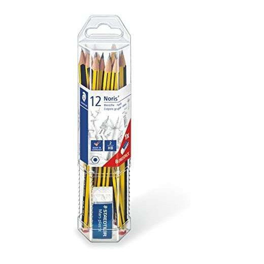 Staedtler Noris 120 Pack de 12 Lapices de Grafito Hexagonales + Goma de Borrar - Mina HB Ultrarresistente de 2mm - Madera de Bosques Sostenibles