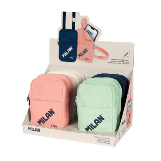 Milan Serie 1918 430 Expositor con 12 Bolsos Pequeños Bandolera - Tamaño Bolso 19x2.3x12.8cm - Cierre de Cremallera - Mosqueton de Aluminio - Colores Surtidos